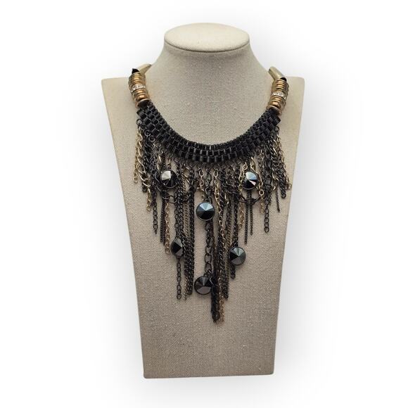 Black Faceted Bead Chain Fringe Statement Necklace - Picture 2 of 6